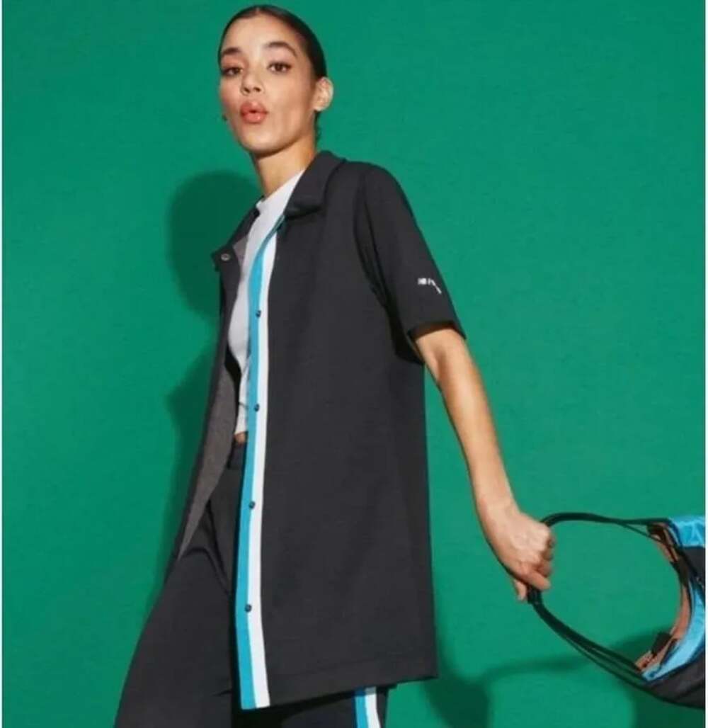 New Balance x STAUD Short Sleeve Relaxed Snap Front Shirt Dress in Phantom Gray